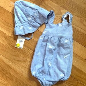 Baby Boden Girls’ 6-12M Frilly Blue/White Bunny Bubble Romper and Matching Hat